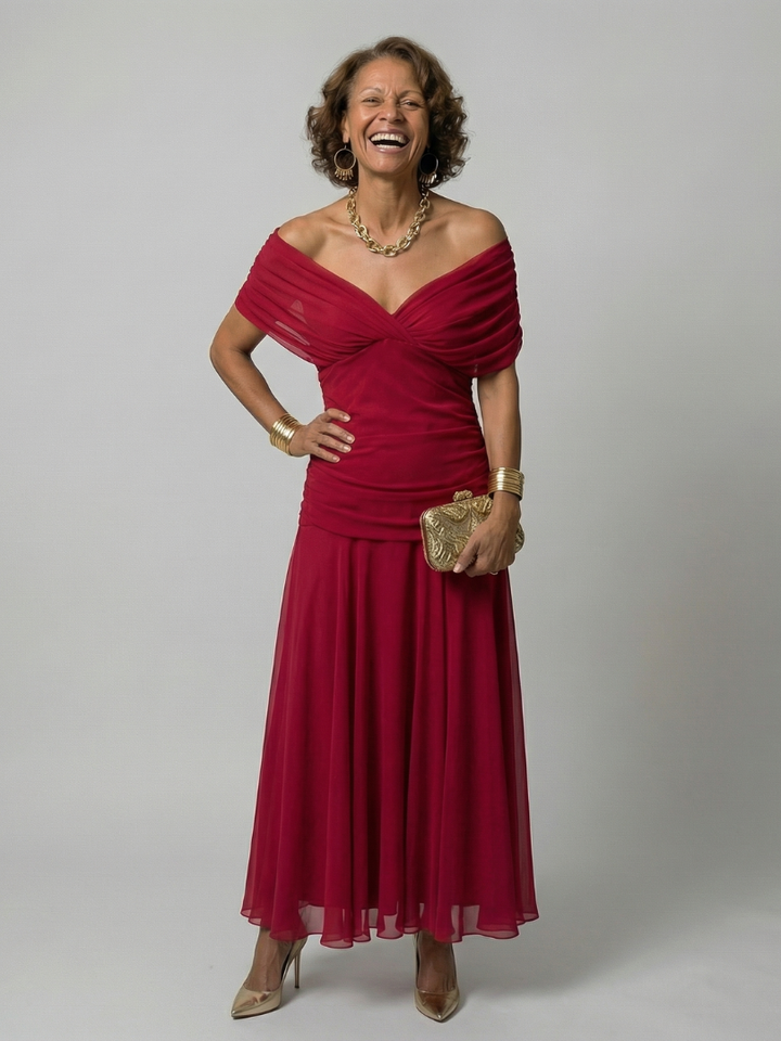 Calen | Off-Shoulder Fließendes Midi-Kleid