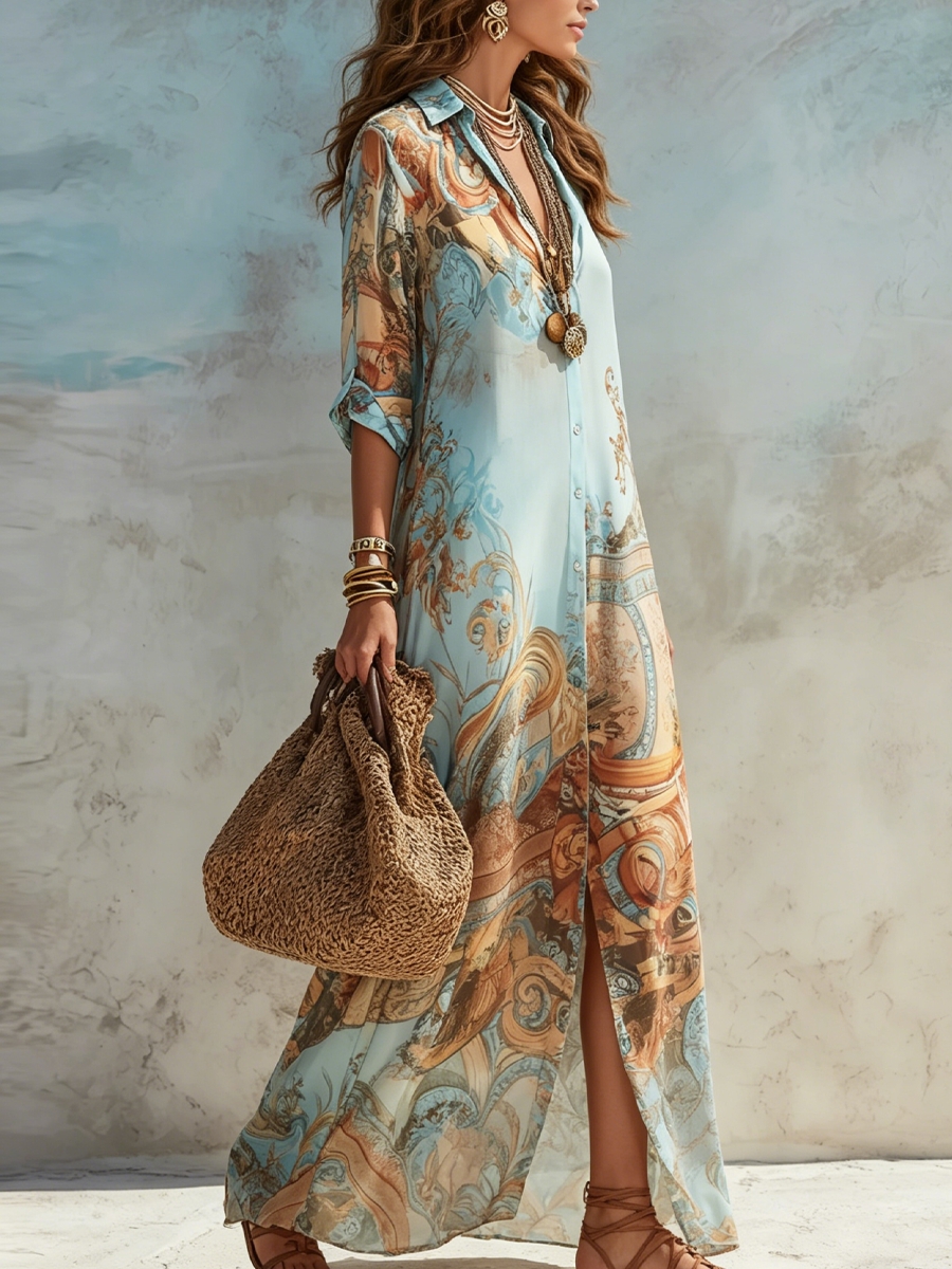 Regina | Barockstil Floral Blau Maxikleid