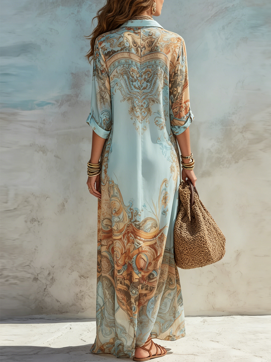 Regina | Barockstil Floral Blau Maxikleid