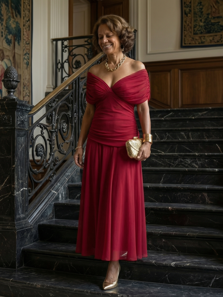 Calen | Off-Shoulder Fließendes Midi-Kleid