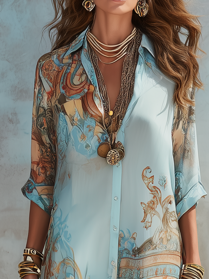 Regina | Barockstil Floral Blau Maxikleid