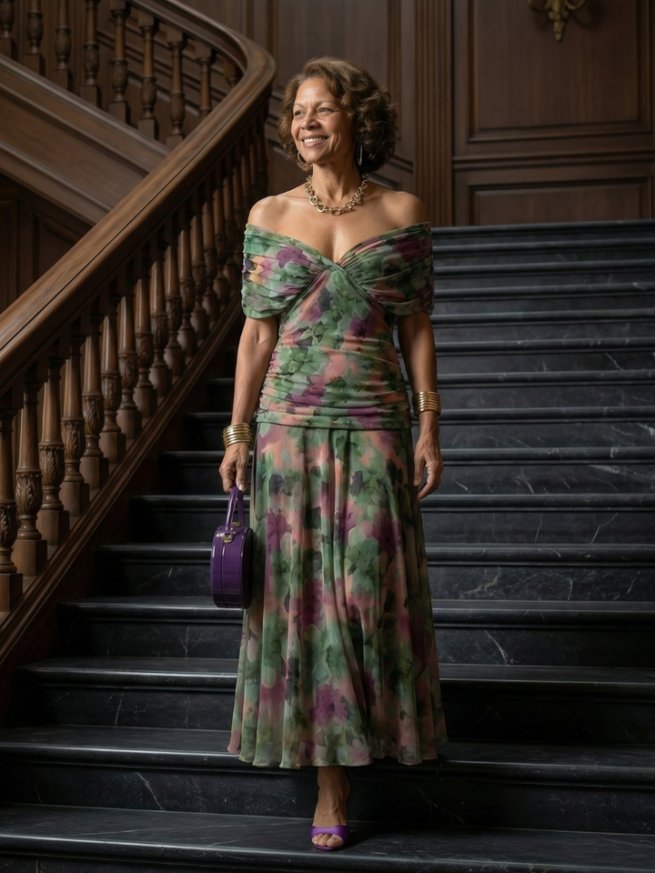 Calen | Off-Shoulder Fließendes Midi-Kleid