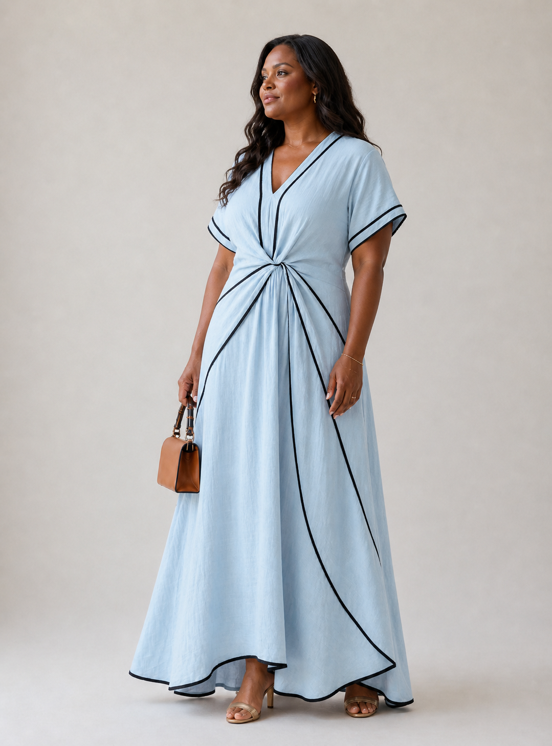 Linnea | V-Ausschnitt Kurzarm Geraffter Taillen-Midi-Kleid