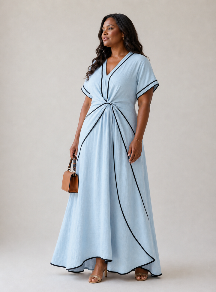 Linnea | V-Ausschnitt Midi-Kleid mit kurzen Ärmeln und geraffter Taille