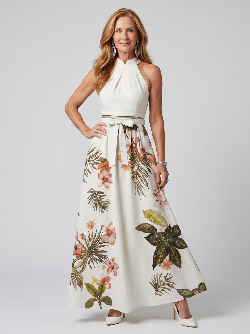 Wiese | Drapiertes Halfter Botanisches Panel Maxikleid