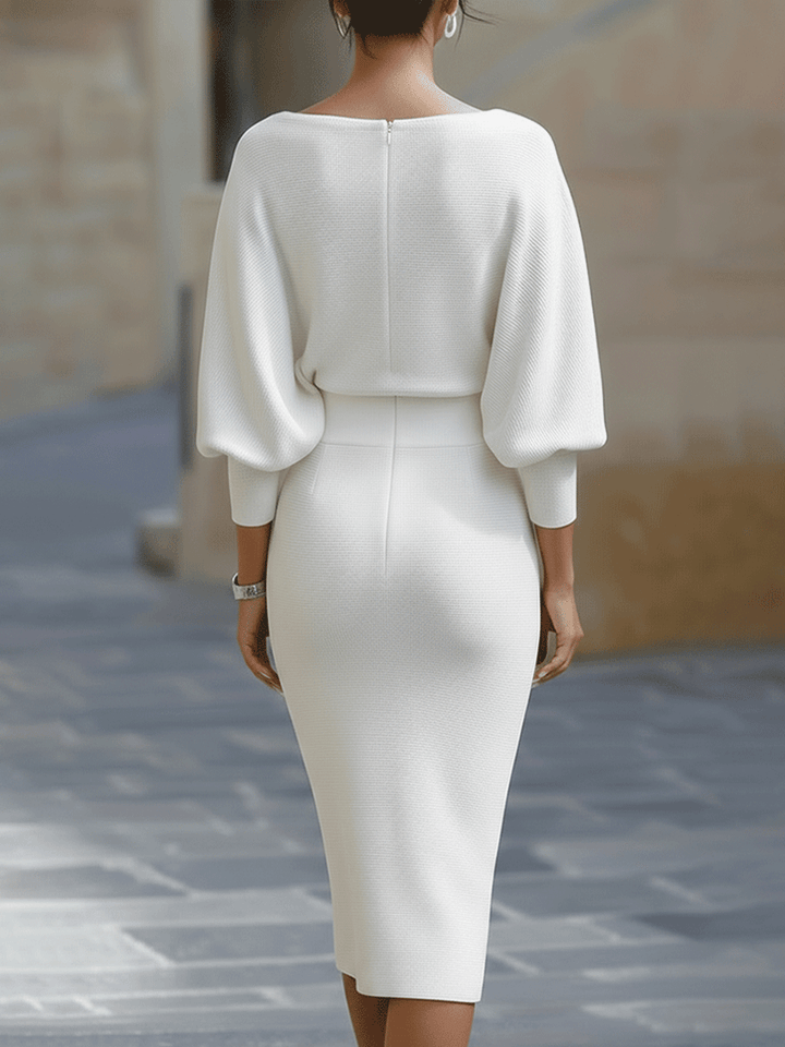 Viktoria | Weißes Drapiertes Batwing-Midikleid