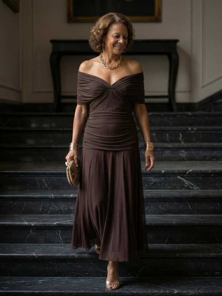 Calen | Off-Shoulder Fließendes Midi-Kleid