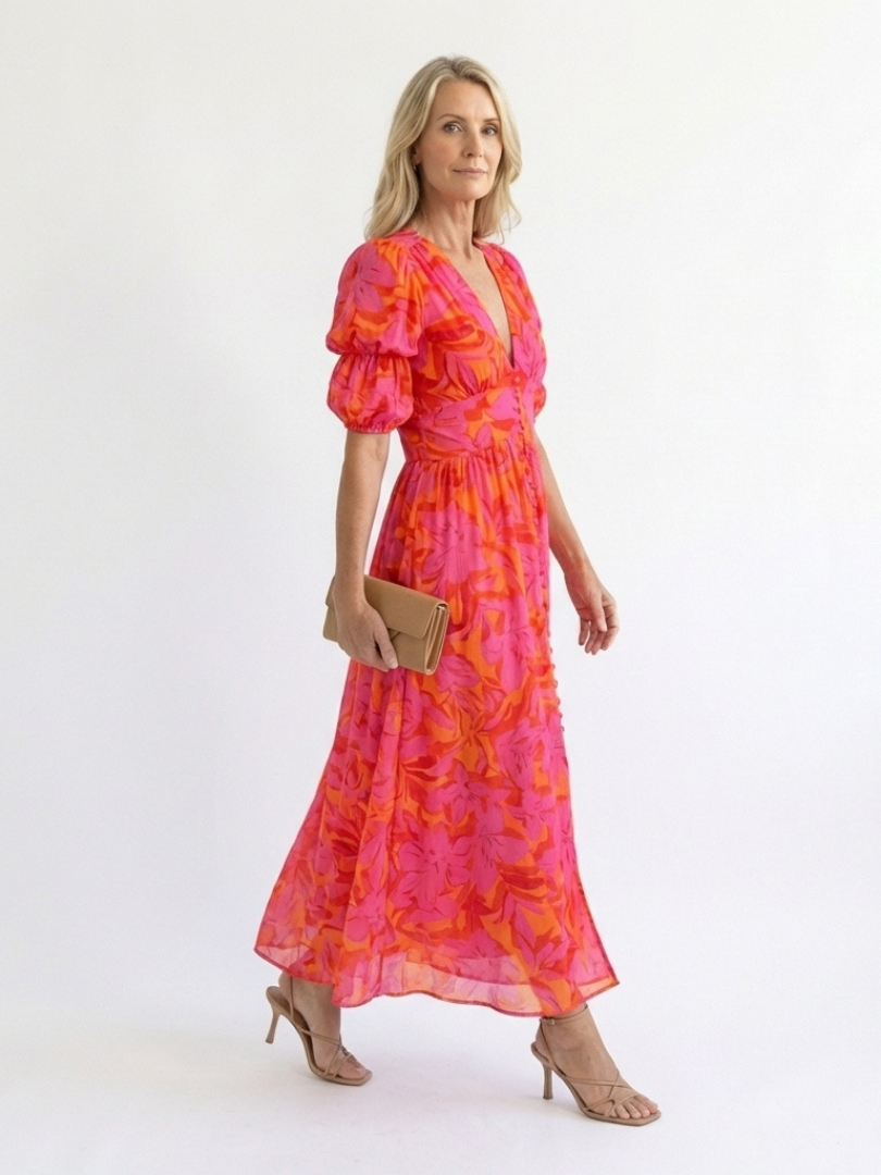 Willow | Floral V-Ausschnitt Puffärmel Midi-Kleid