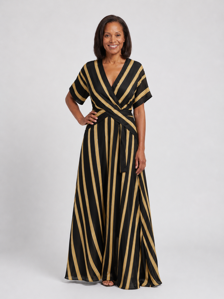 Lina | Kurzarm V-Ausschnitt Gestreiftes Wickel-Midi-Kleid