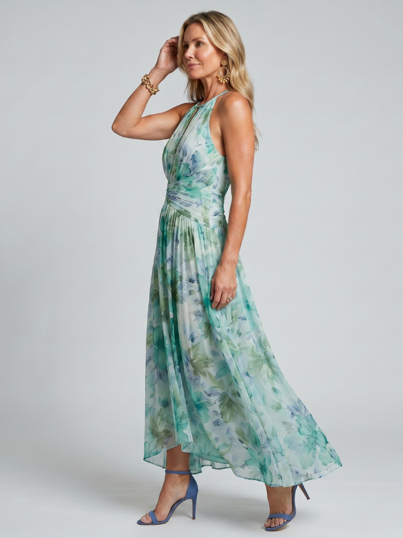 Portia | Faltendes Halter-Soft-Blumenmuster-Midi-Kleid
