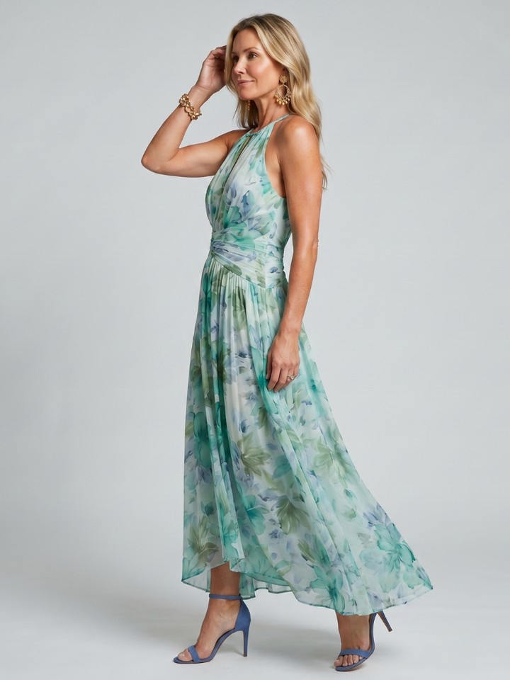 Portia | Faltendes Halter-Soft-Blumenmuster-Midi-Kleid