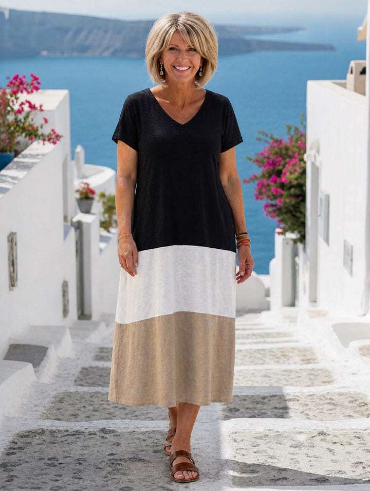 Thalia | Kurzärmliges Farbblock V-Ausschnitt Midi Kleid