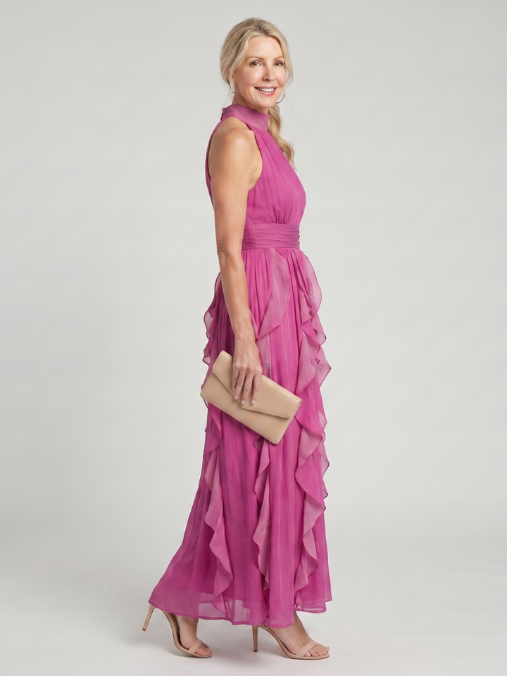 Orea | Maxikleid mit hohem Hals und gerafften Rüschenschichten