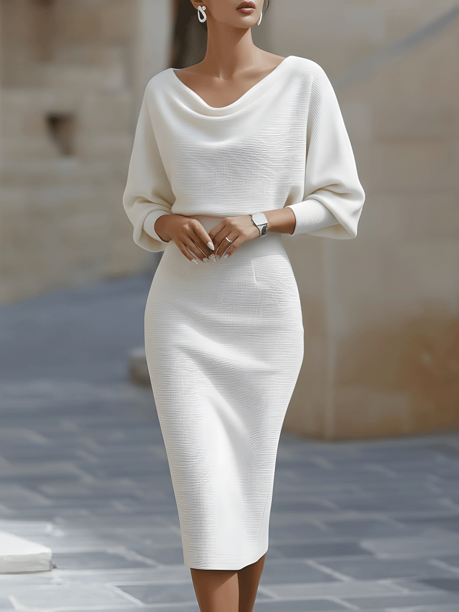 Viktoria | Weißes Drapiertes Batwing-Midikleid