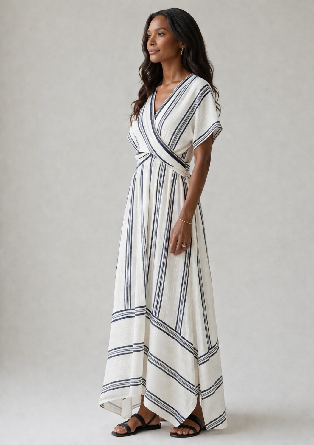 Thalassa | V-Ausschnitt Kurzarm Wickel Taille Midi Kleid