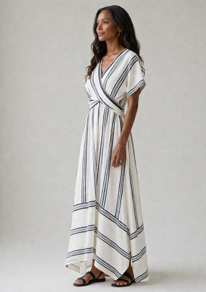 Thalassa | V-Ausschnitt Kurzarm Wickel Taille Midi Kleid