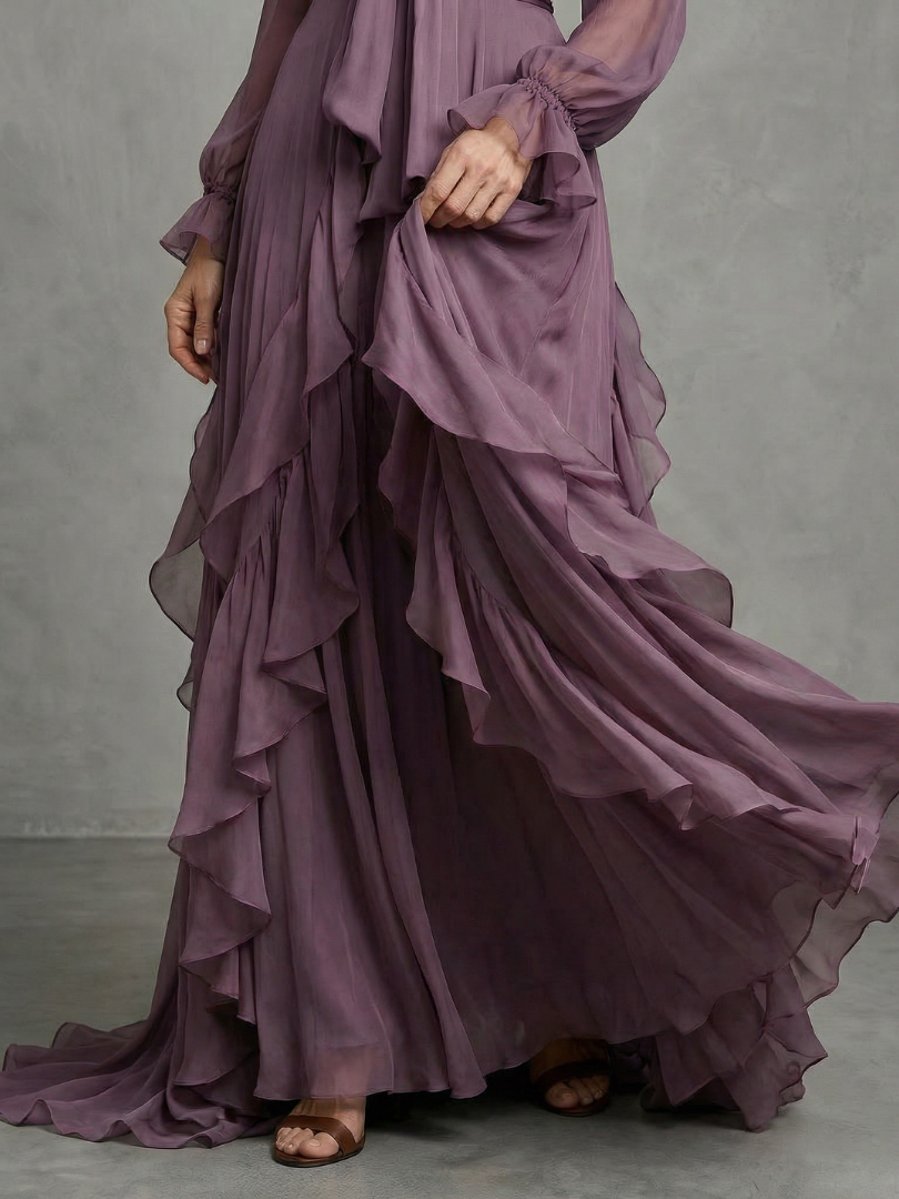 Demetria | Maxikleid mit Rüschendetails und gebundenem Kragen