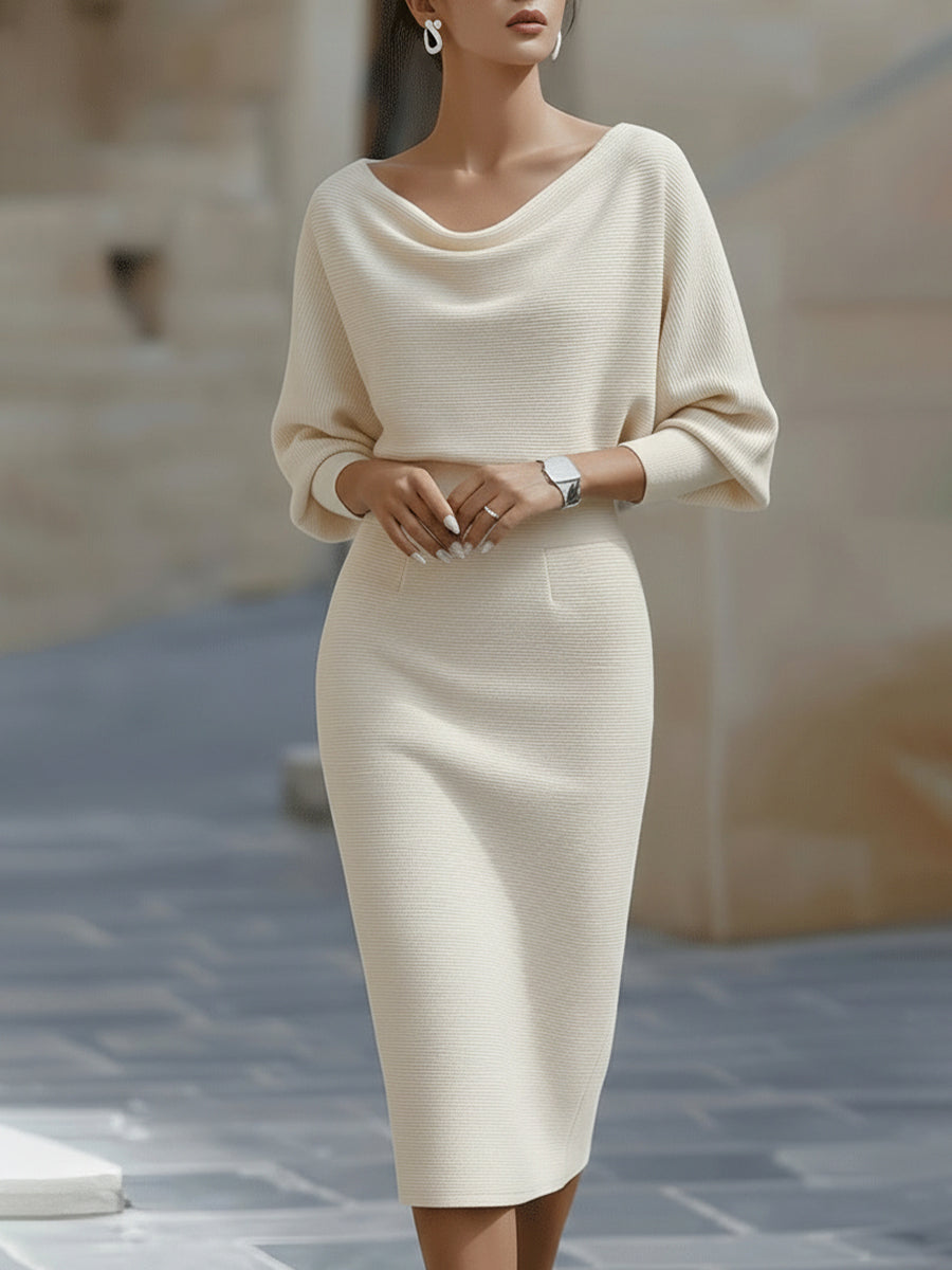 Viktoria | Weißes Drapiertes Batwing-Midikleid