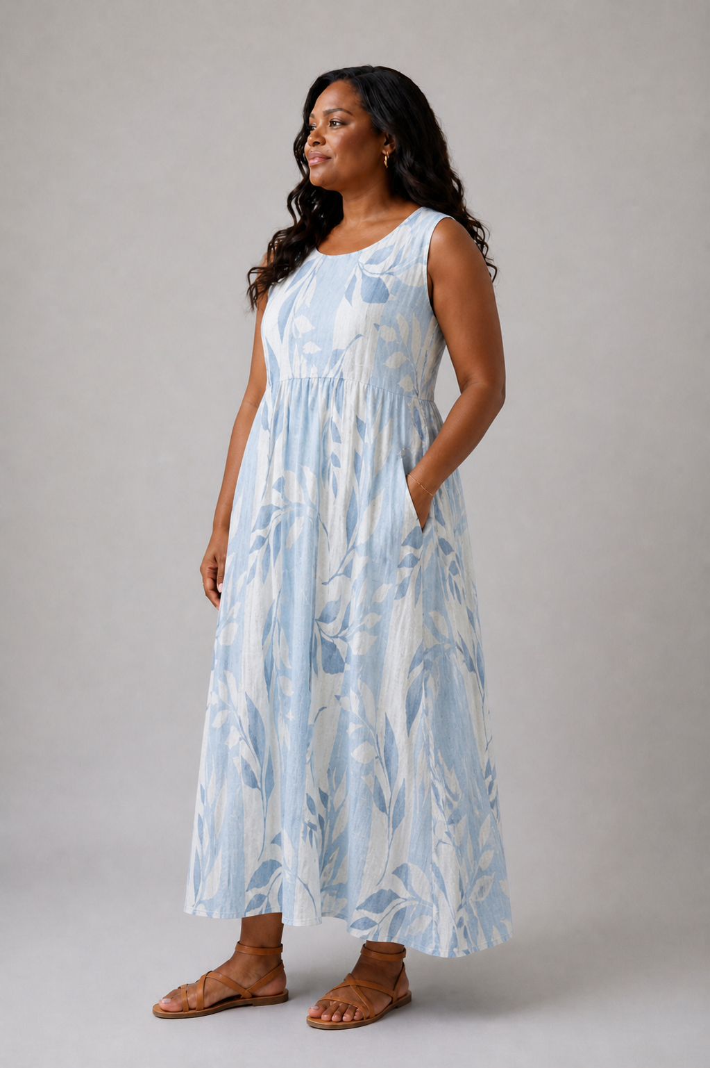 Solene | Ärmelloses Midi-Kleid mit blauem Blättermuster