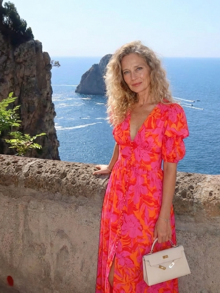 Willow | Floral V-Ausschnitt Puffärmel Midi-Kleid