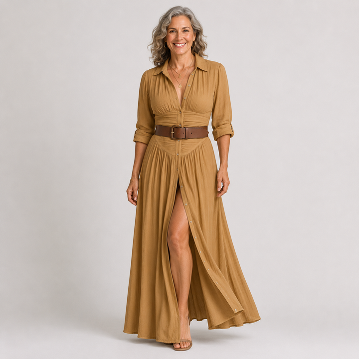 Lelivilia | Langes Maxikleid mit eingekerbtem Kragen