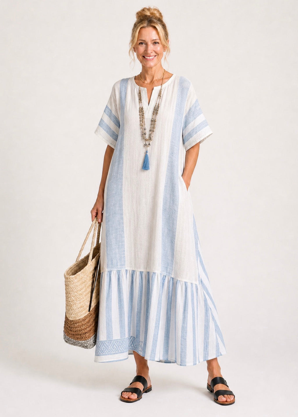 Ione | Rundhals Kurzarm Gestreiftes Maxikleid