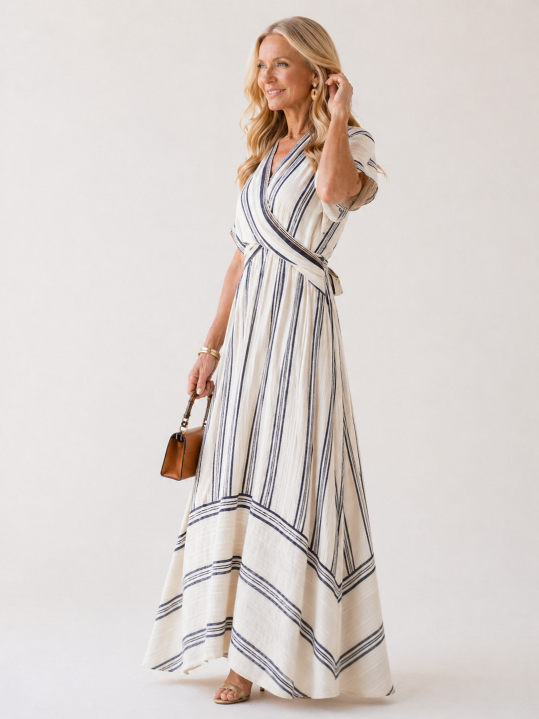 Thalassa | V-Ausschnitt Kurzarm Wickel Taille Midi Kleid