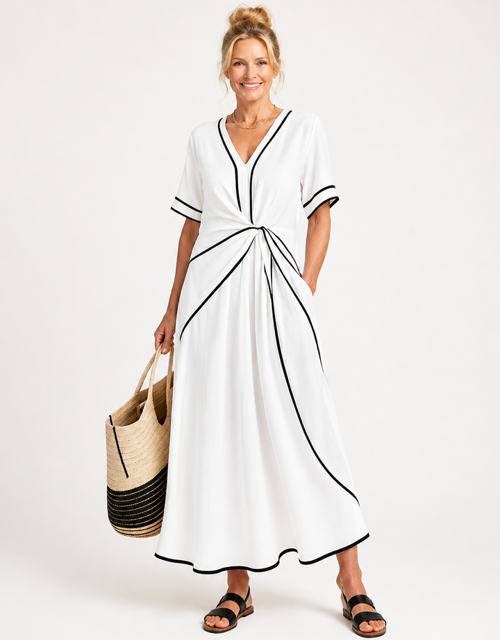 Linnea | V-Ausschnitt Kurzarm Geraffter Taillen-Midi-Kleid