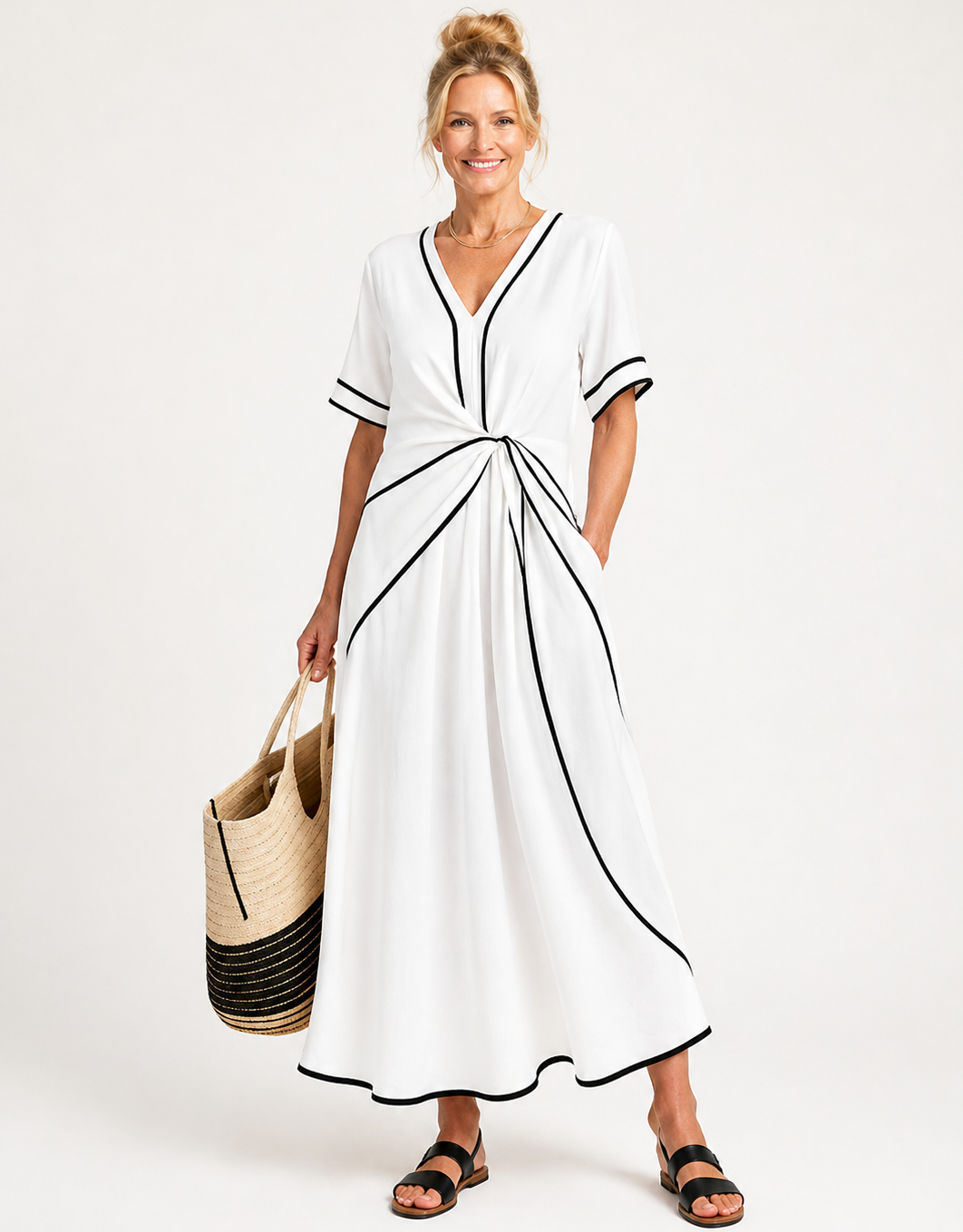 Linnea | V-Ausschnitt Midi-Kleid mit kurzen Ärmeln und geraffter Taille