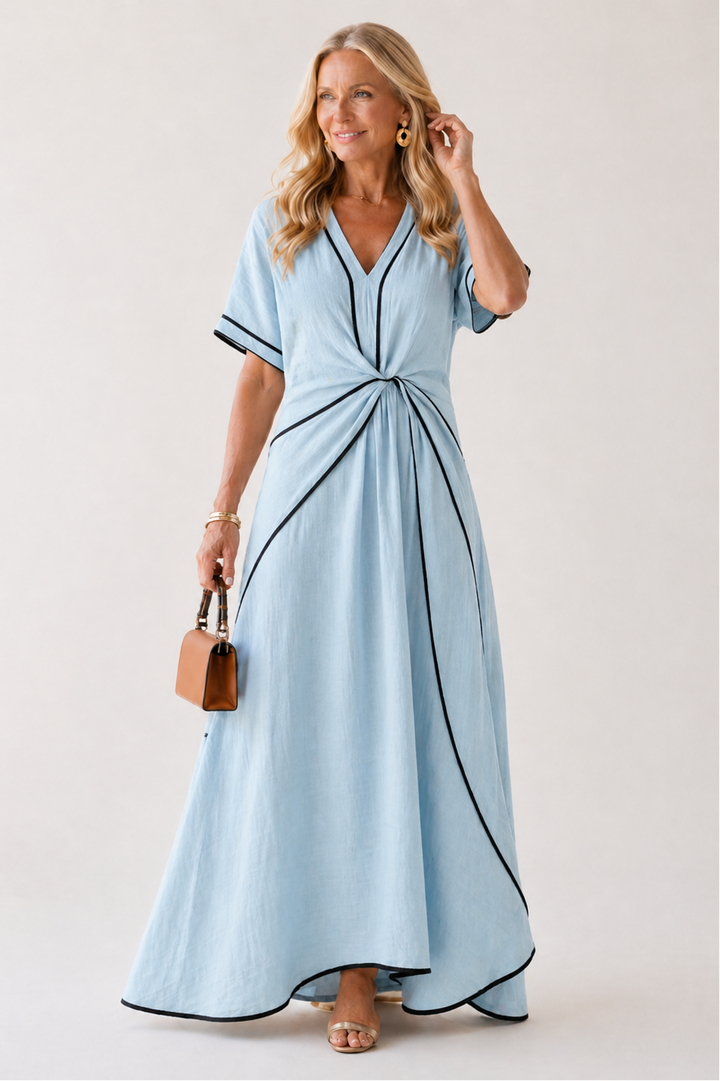 Linnea | V-Ausschnitt Midi-Kleid mit kurzen Ärmeln und geraffter Taille