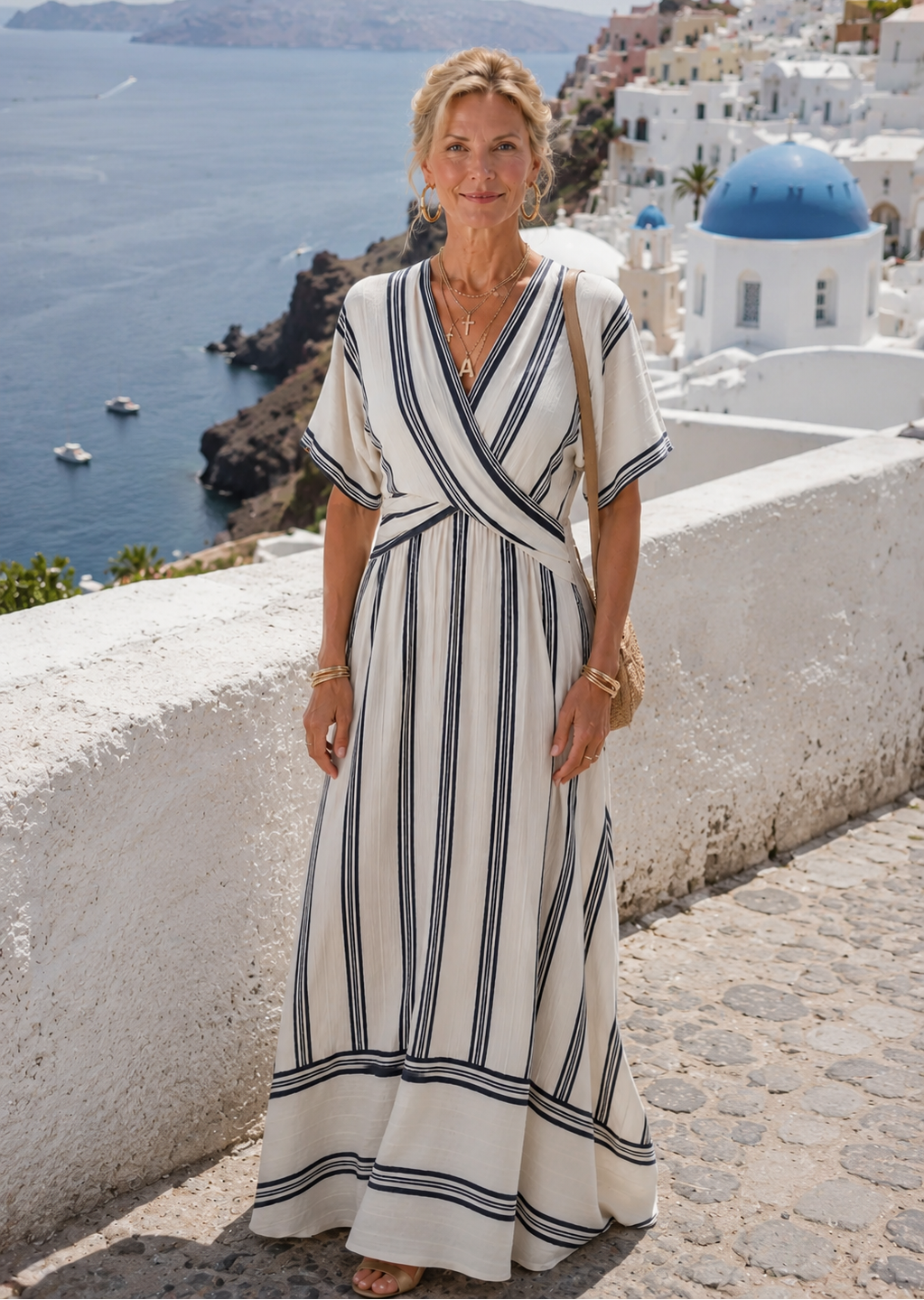 Thalassa | V-Ausschnitt Kurzarm Wickel Taille Midi Kleid