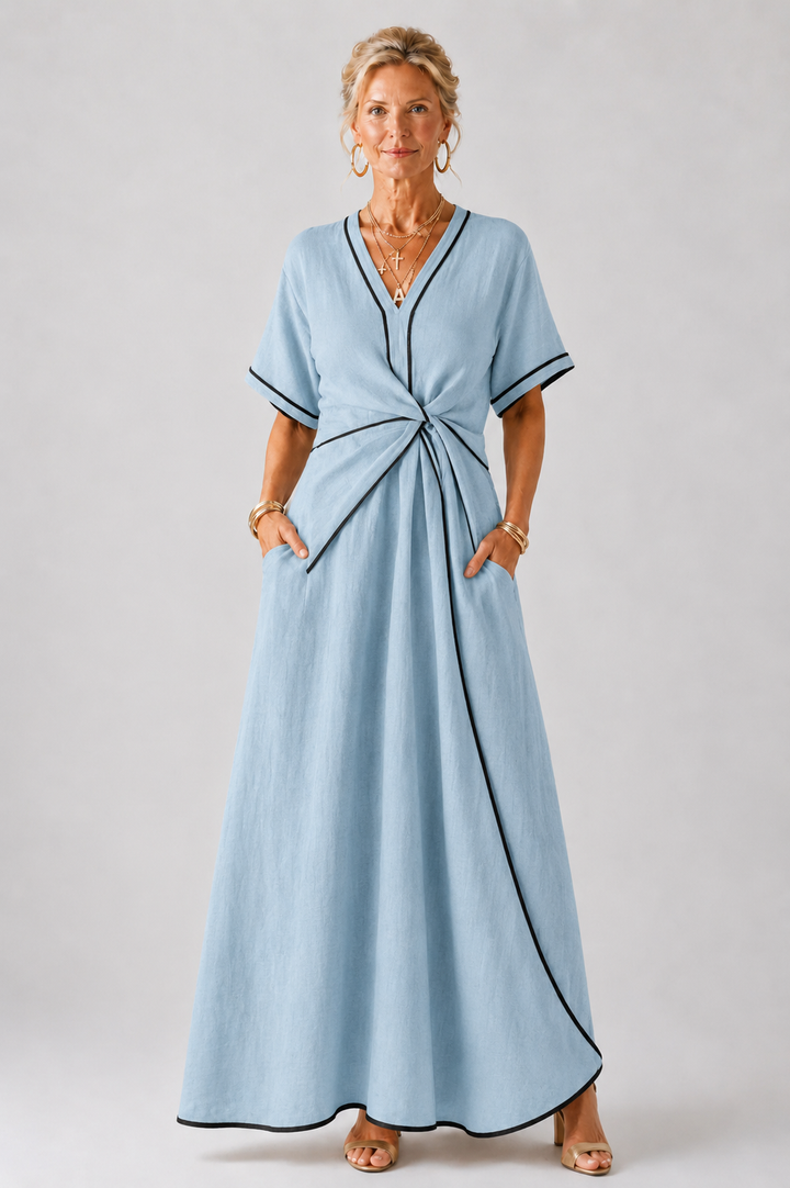 Linnea | V-Ausschnitt Midi-Kleid mit kurzen Ärmeln und geraffter Taille