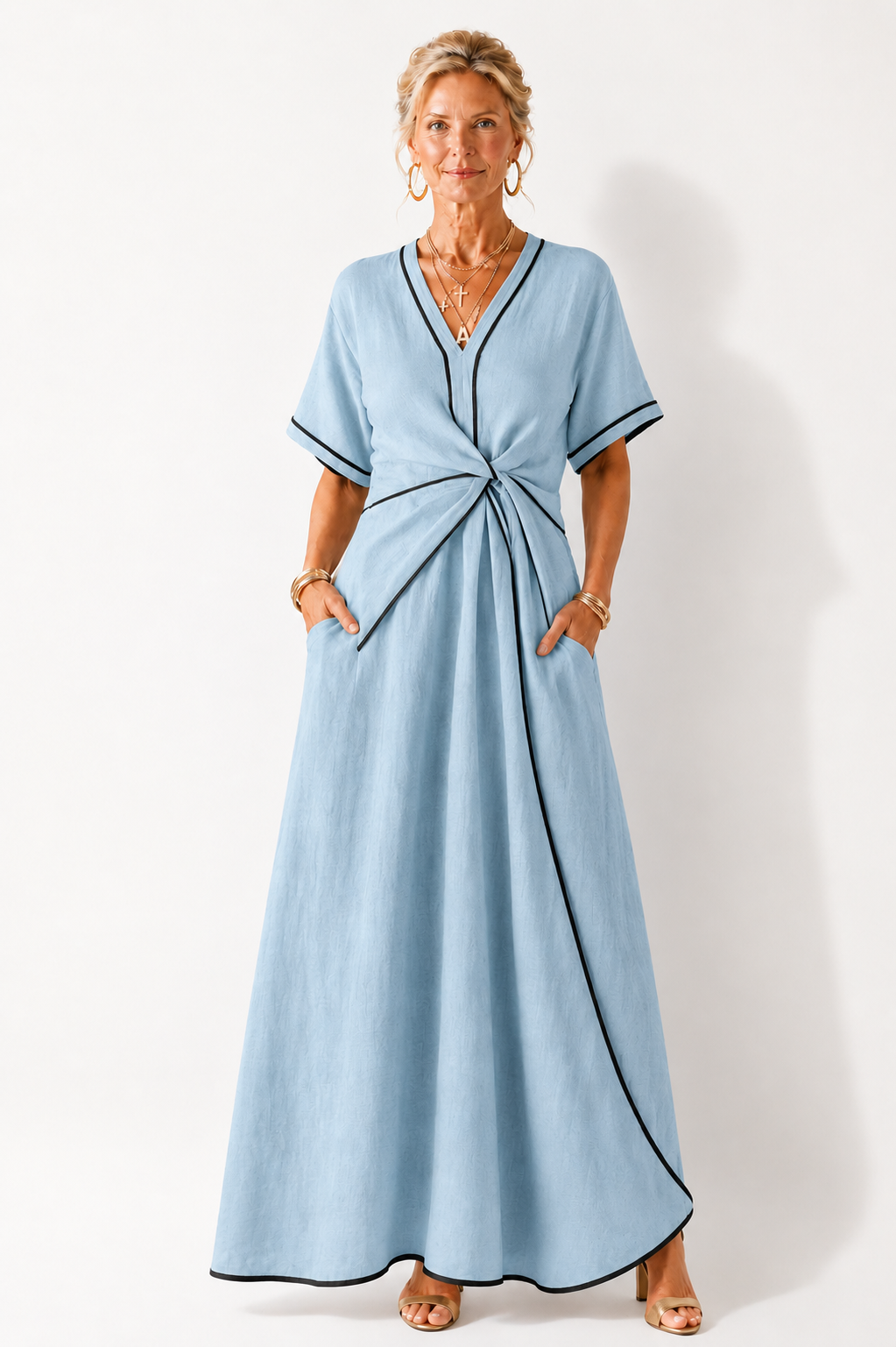 Linnea | V-Ausschnitt Midi-Kleid mit kurzen Ärmeln und geraffter Taille