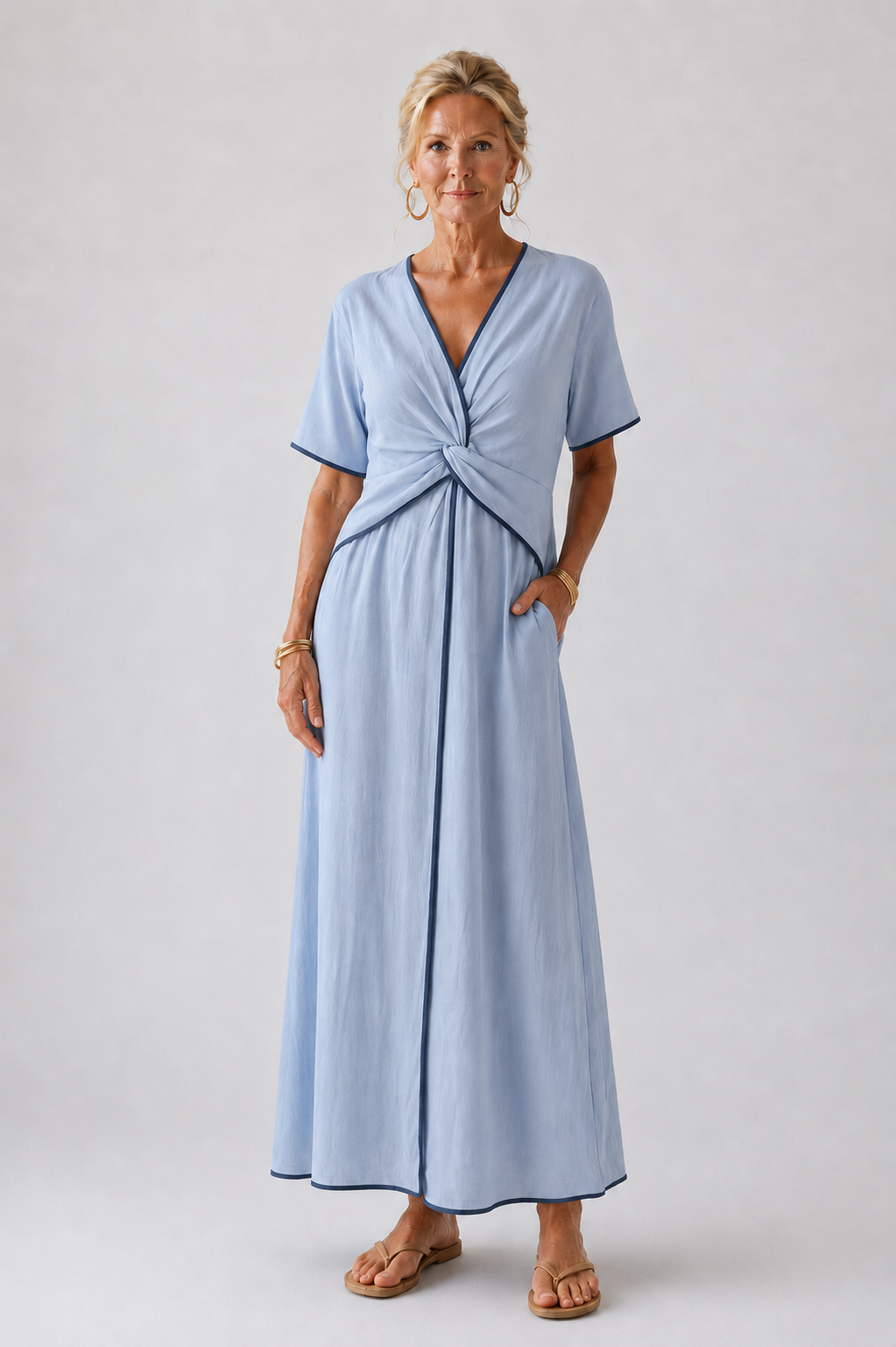 Eirene | V-Ausschnitt Kurzarm Twist-Front Midi-Kleid