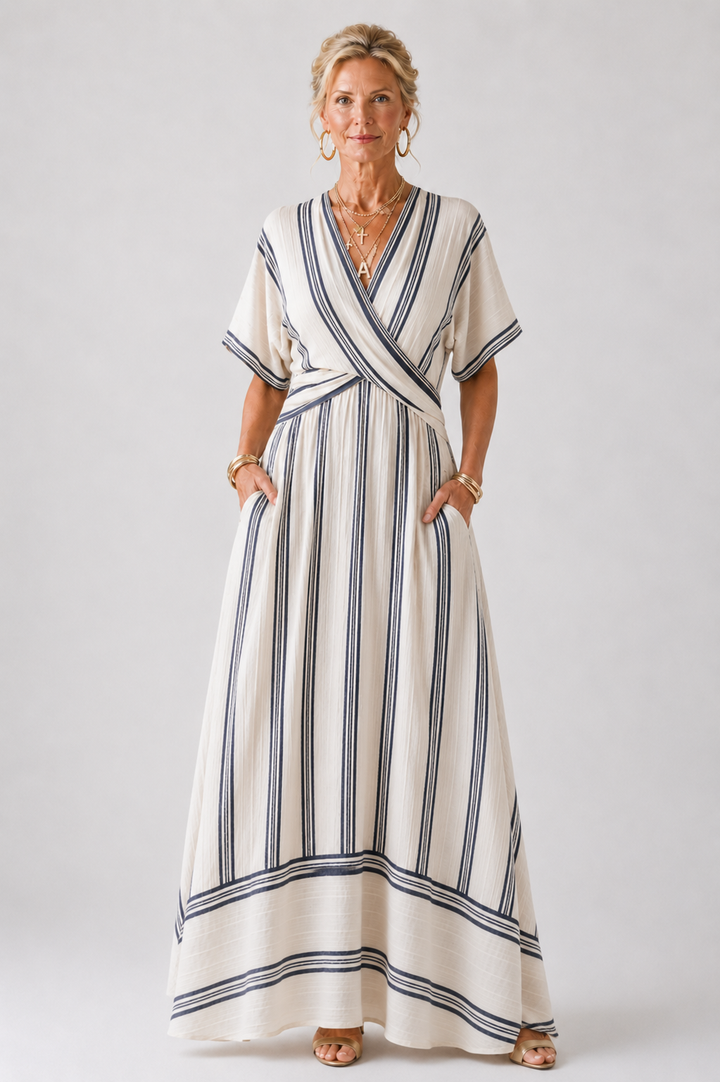 Thalassa | V-Ausschnitt Kurzarm Wickel Taille Midi Kleid