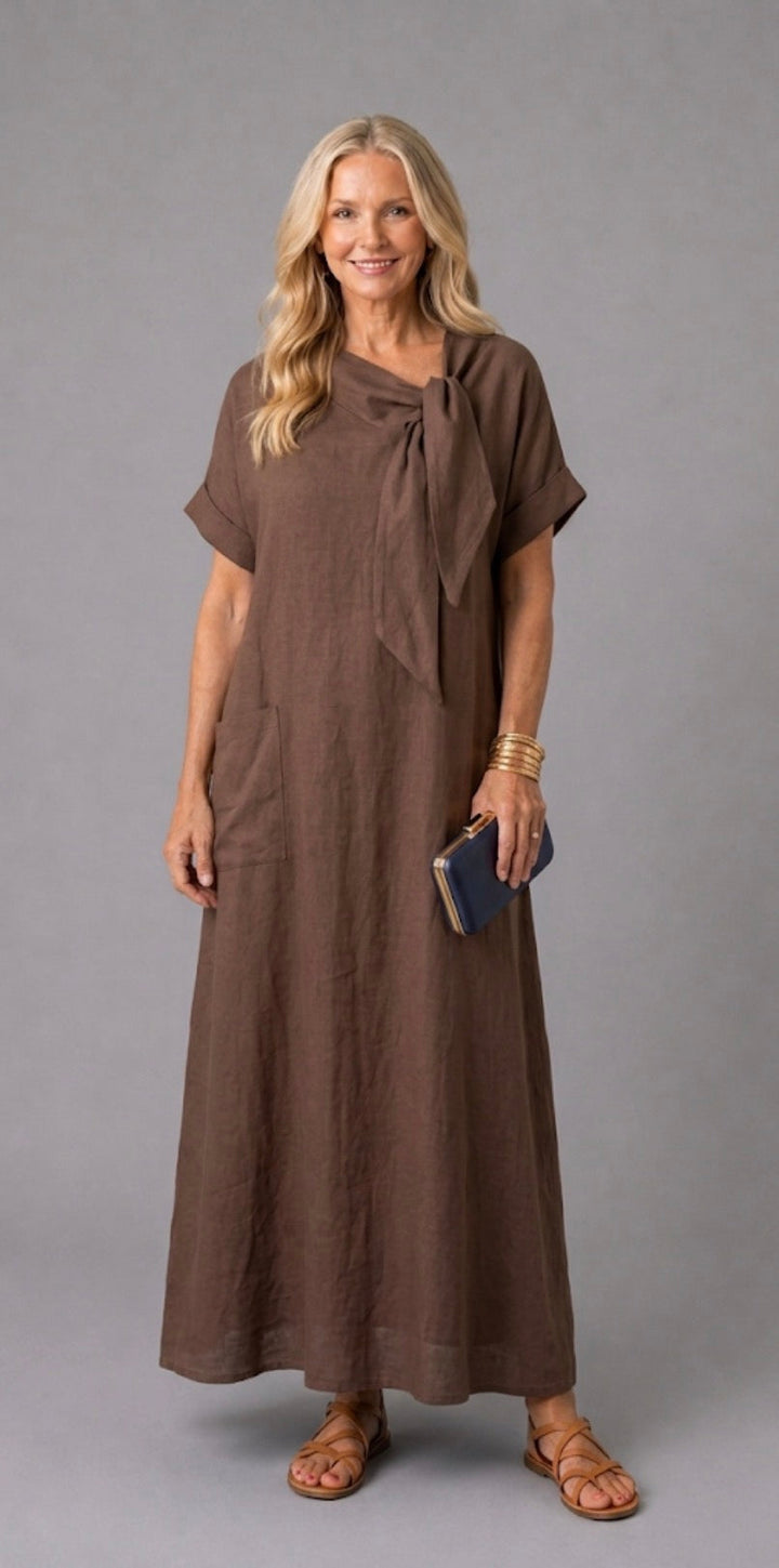 Tivara | Kurzärmliges Midi-Kleid mit Bindegürtel und Taschen