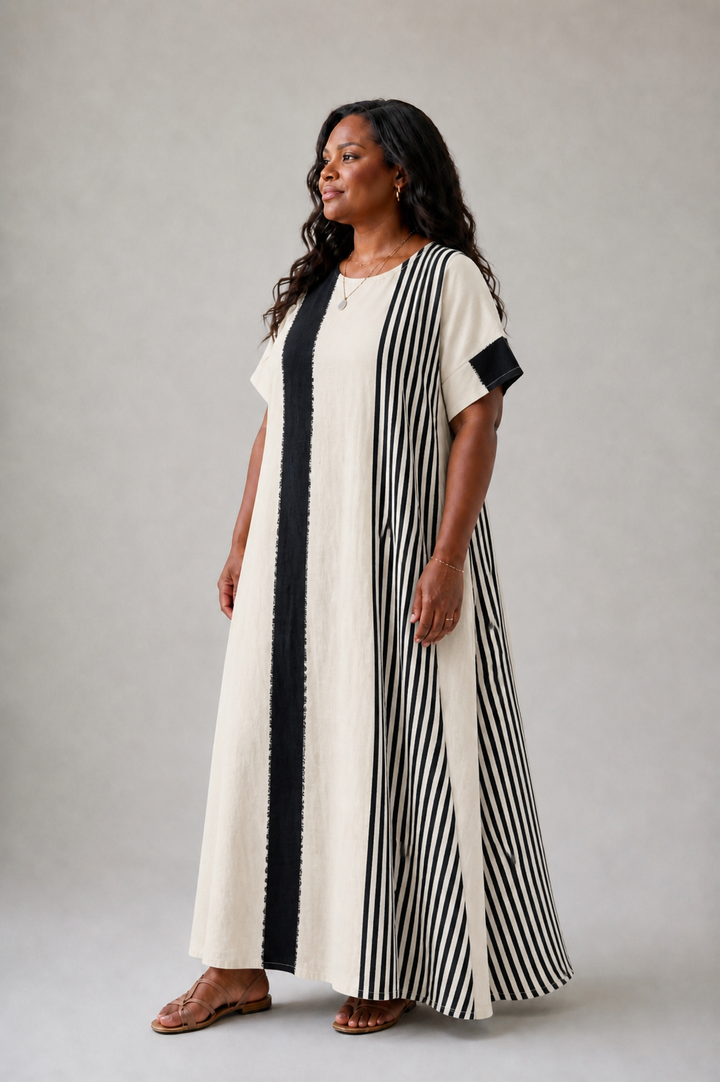 Elara | Rundhals Kurzarm Gestreiftes Maxikleid