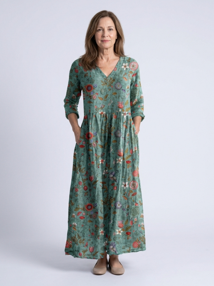 Marina | Floral V-Ausschnitt Maxikleid mit drei Viertelärmeln