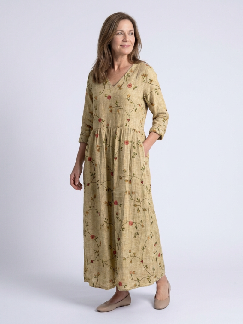 Marina | Floral V-Ausschnitt Maxikleid mit drei Viertelärmeln