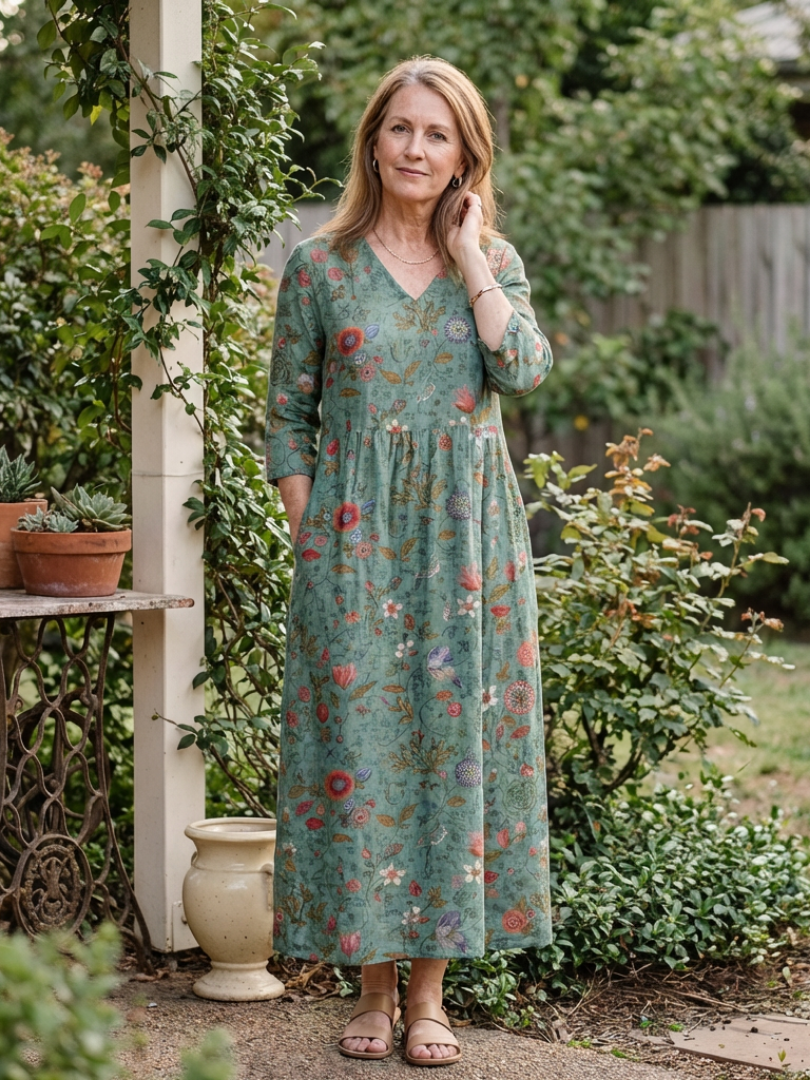 Marina | Floral V-Ausschnitt Maxikleid mit drei Viertelärmeln