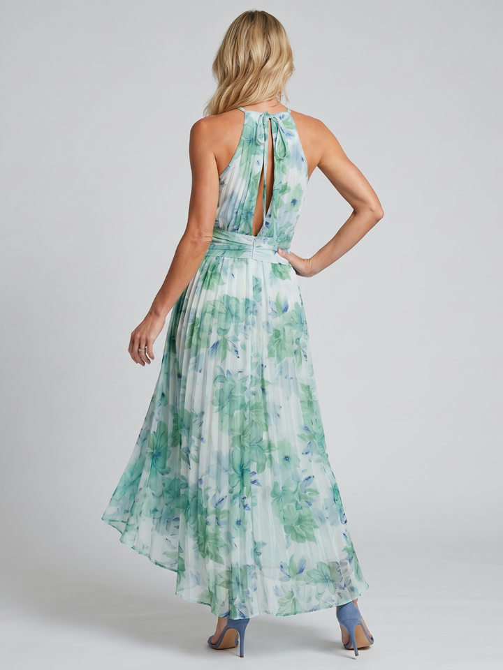 Portia | Faltendes Halter-Soft-Blumenmuster-Midi-Kleid