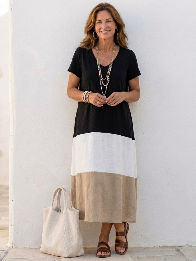 Thalia | Kurzärmliges Farbblock V-Ausschnitt Midi Kleid