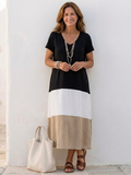 Thalia | Kurzärmliges Farbblock V-Ausschnitt Midi Kleid