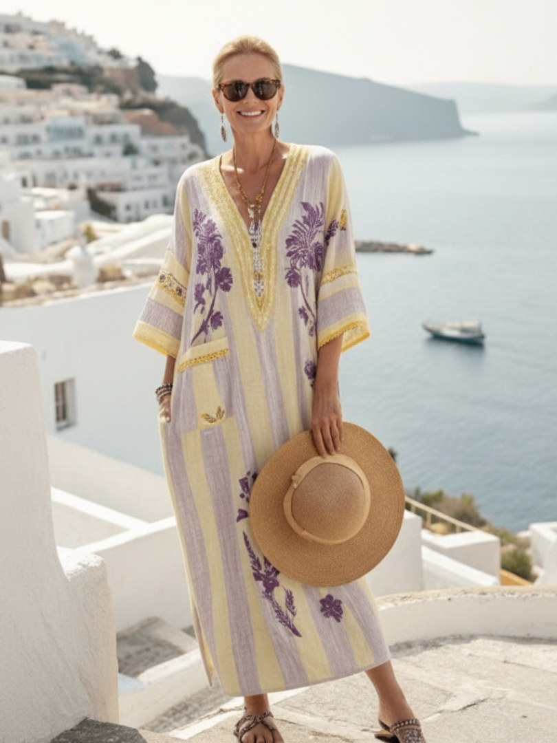 Aurelia | V-Ausschnitt Halbarm Gestreiftes Blumen-Maxikleid
