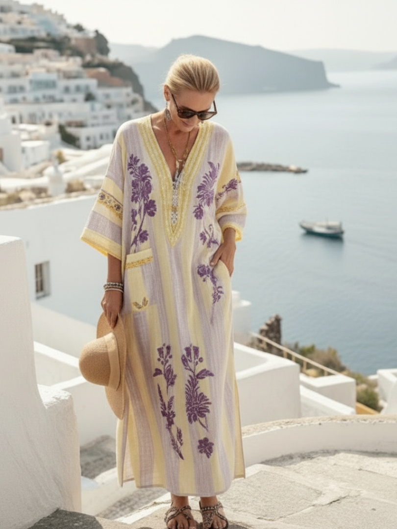 Aurelia | V-Ausschnitt Halbarm Gestreiftes Blumen-Maxikleid