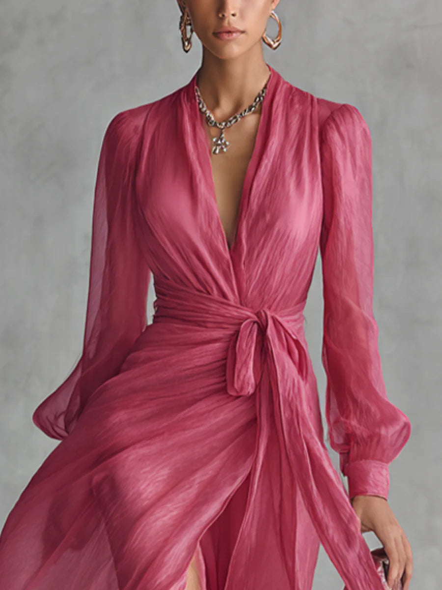 Beatrice | Elegantes Chiffon V-Ausschnitt Kleid mit Bindegürtel