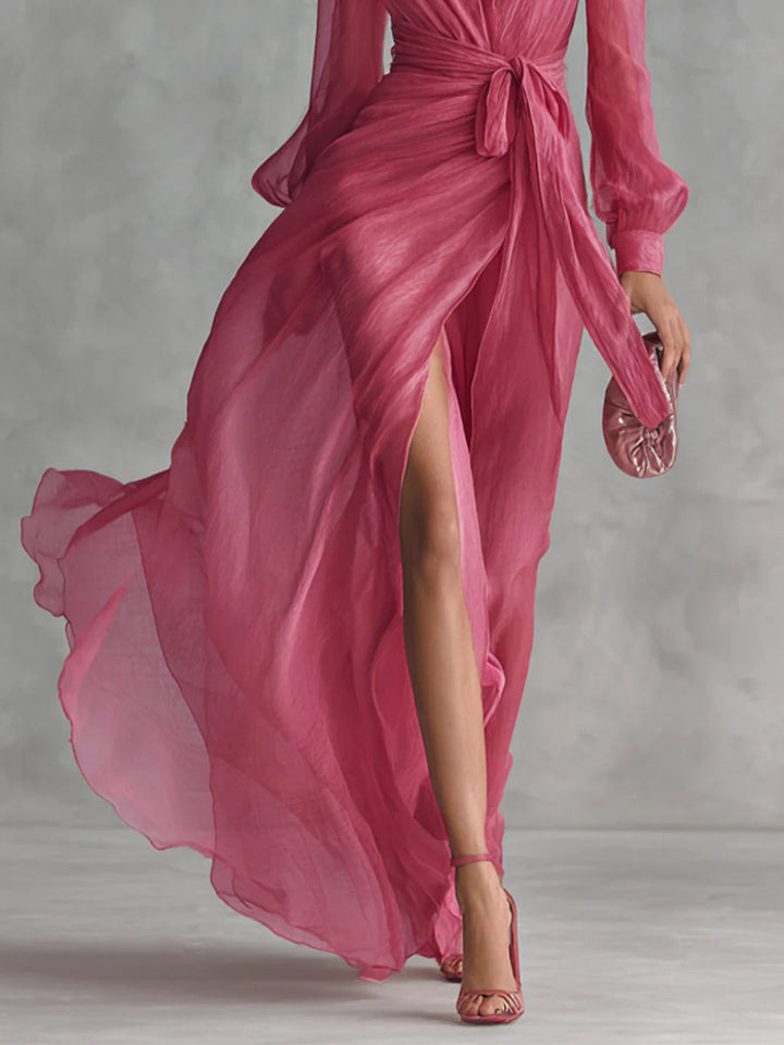 Beatrice | Elegantes Chiffon V-Ausschnitt Kleid mit Bindegürtel