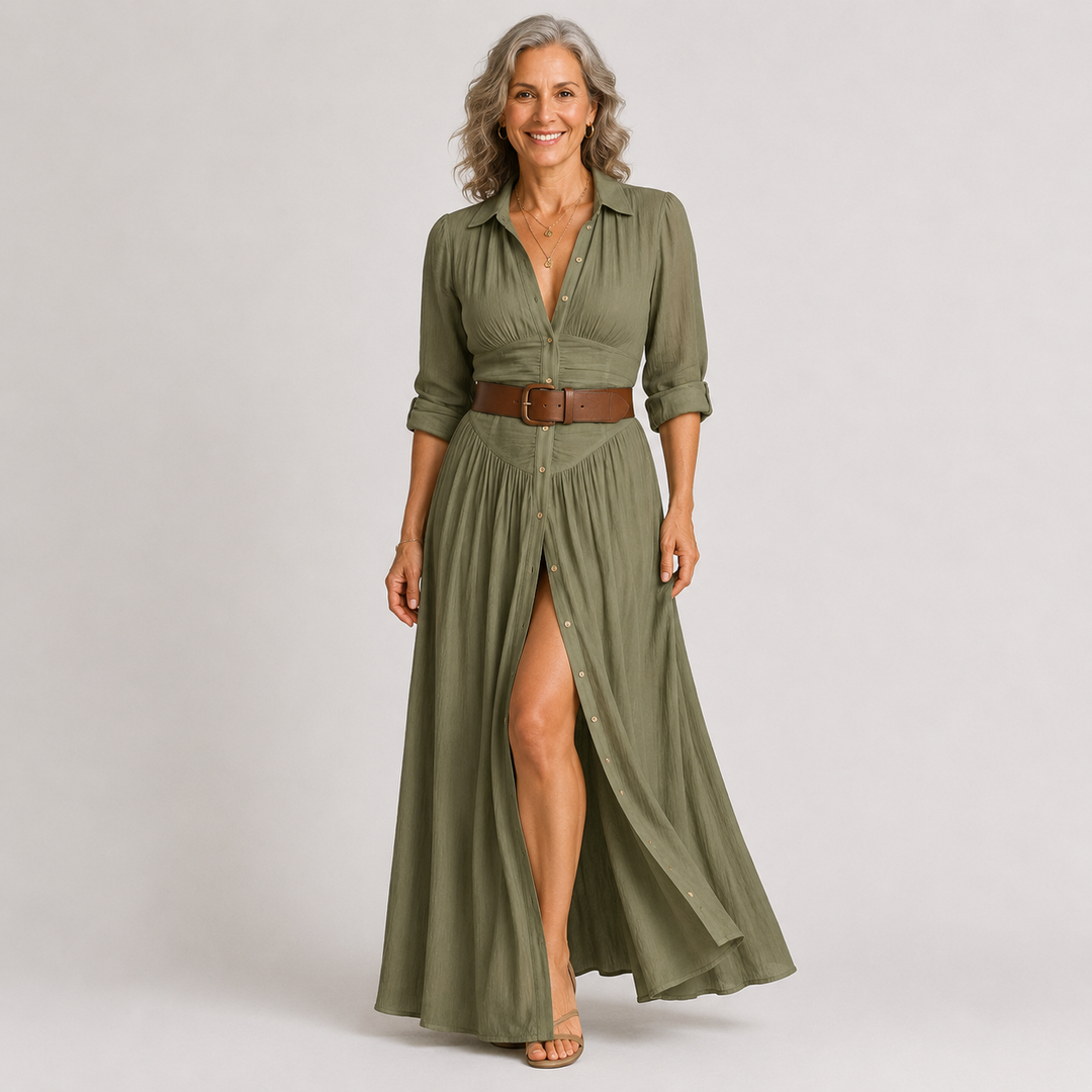 Lelivilia | Langes Maxikleid mit eingekerbtem Kragen