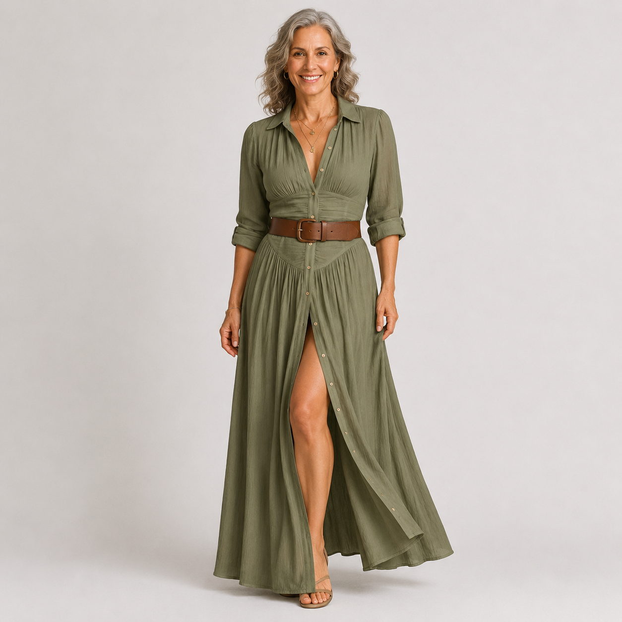 Lelivilia | Langes Maxikleid mit eingekerbtem Kragen