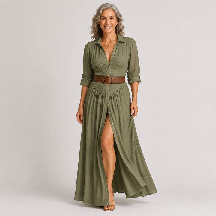 Lelivilia | Langes Maxikleid mit eingekerbtem Kragen
